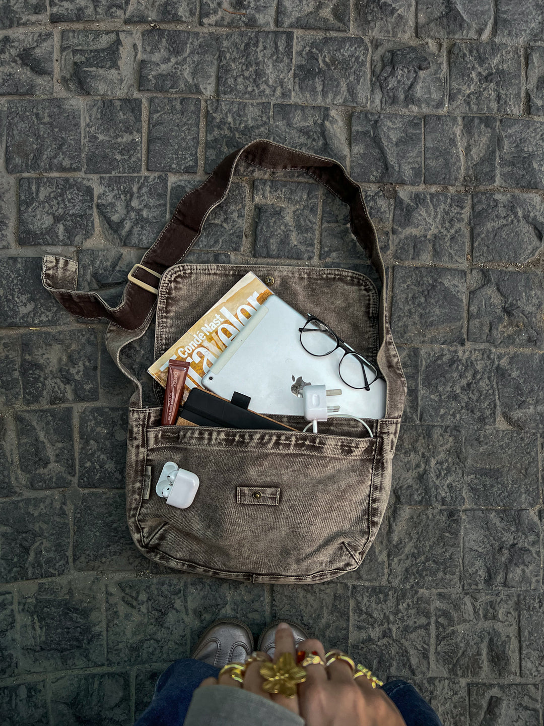 ASH BROWN WASHED SIDE BAG